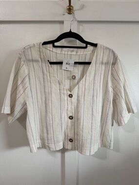 NWT Lush Cream Button-Front Top with Red & Blue Pinstripes